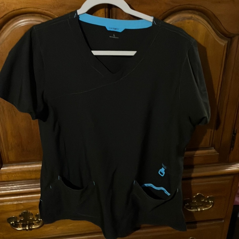 Black V-Neck Scrub Top with Blue Accents